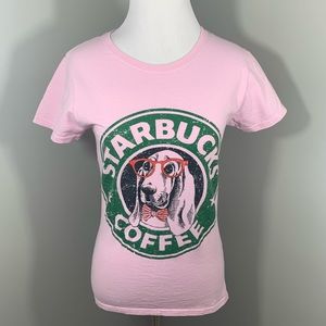 Starbucks Coffee Basset hound pink T-shirt small